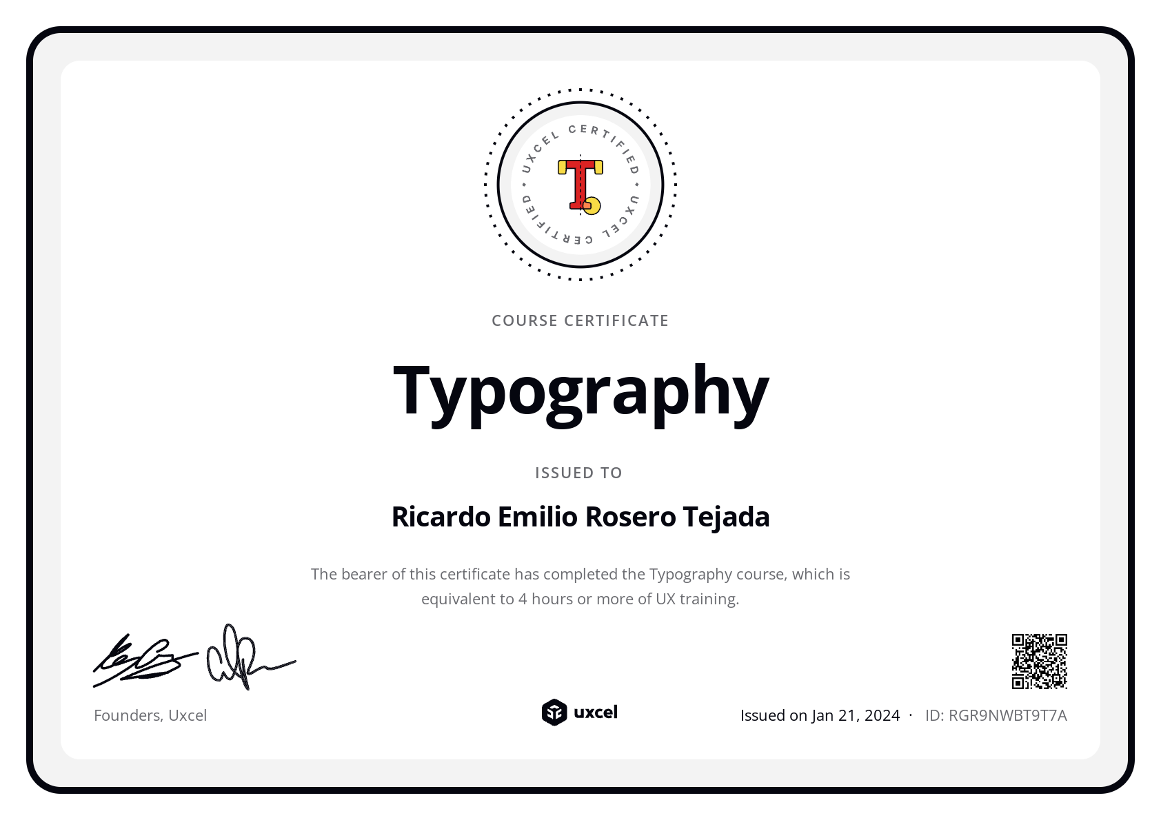 Ricardo Emilio Rosero Tejada's certificate